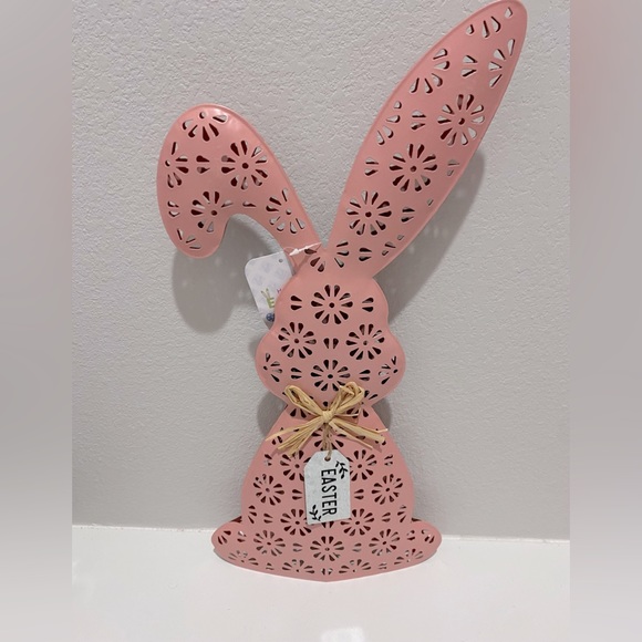 Easter Pink 18” Metal Bunny Rabbit Figurine Home Decoration Floral Design - Picture 6 of 6